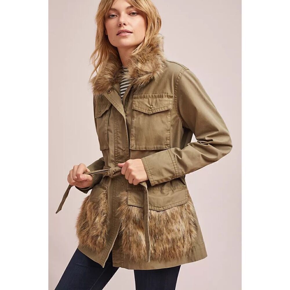 Anthropologie Olive Green Utility Jacket with Faux Fur Trim